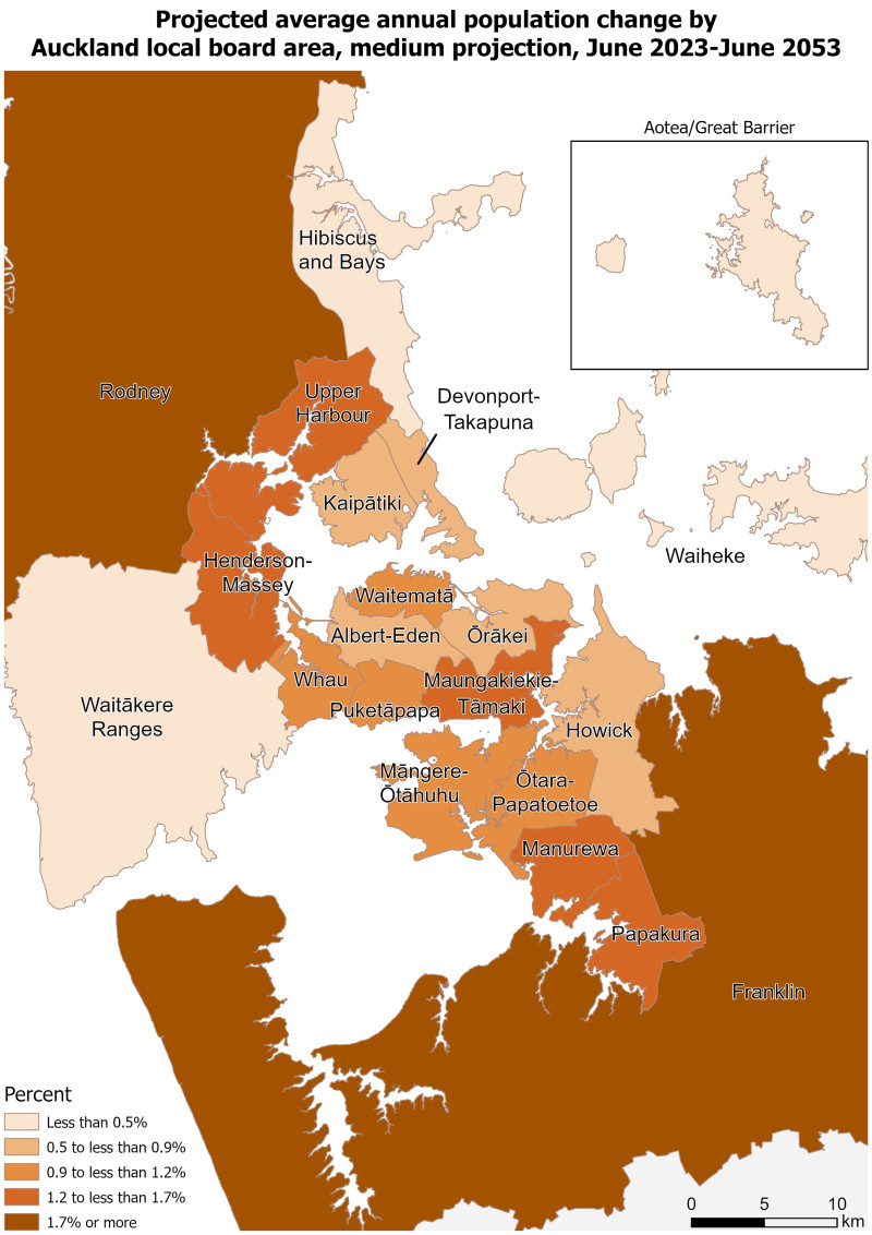 Map shows Auckland's projected average annual population change, grouped by local board area.