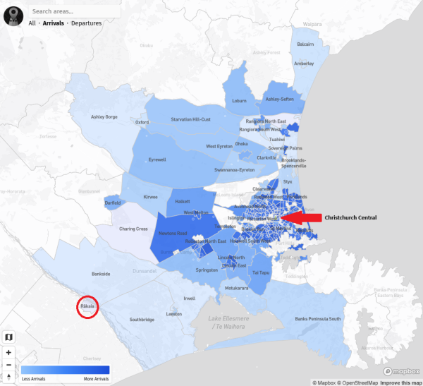 Image of map, Areas from which workers arrived into Wellington Central, for those who travelled to work by train, 2023 Census 