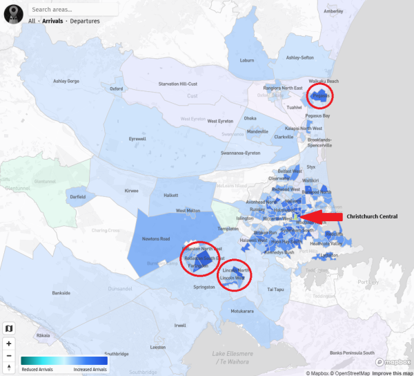 Image of map, Areas from which worker arrivals into Christchurch Central increased or reduced, 2018 and 2023 Censuses