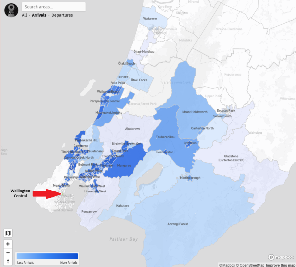 Image of map, Areas from which workers arrived into Christchurch Central, 2023 Census