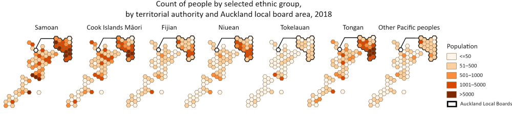 Hexagonal map shows number of people by selected ethnic group, by territorial authority and Auckland local board area, 2018
