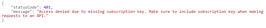 Image of Status code 401 which means access denied due to missing subscription key.