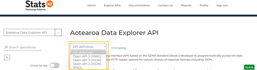 Image of API product page with a dropdown box showing availablity of metadata formats.