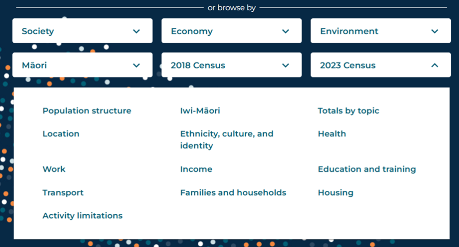 Image of the Aotearoa Data Explorer browse menu showing topic and subtopic options.