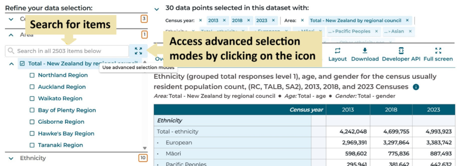 Image of the Refine your data selection menu in Aotearoa Data Explorer showing the Area dimension expanded, a search box to find items within the list, and advanced selection modes. 