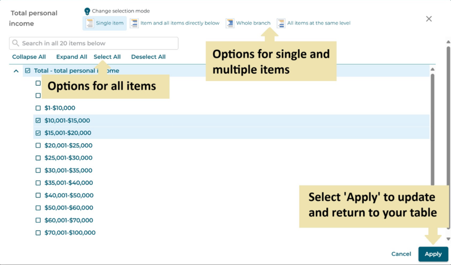 Image of the Advanced selection mode screen in Aotearoa Data Explorer.