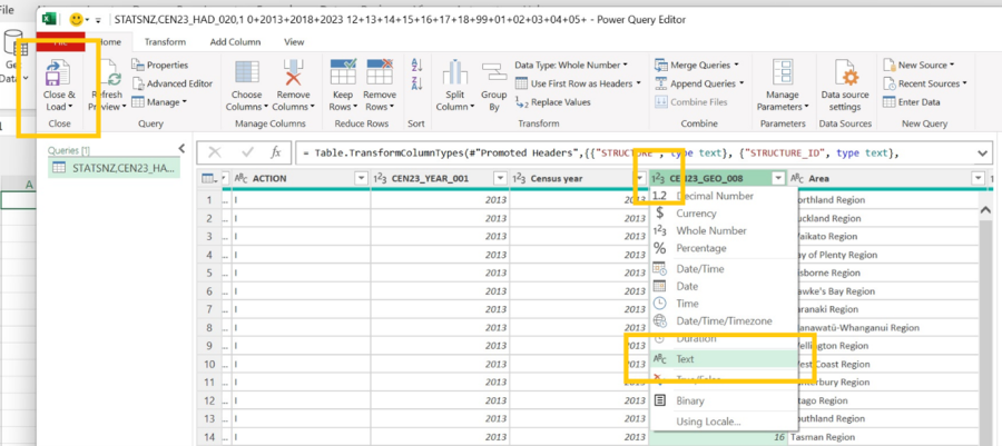 Image of the Transform screen in Excel when importing a CSV file.