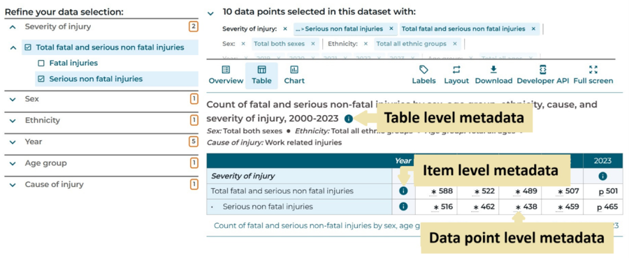 Image of a table in Aotearoa Data Explorer showing metadata at different levels. Arrows point to icons for each level: table, item, and data point. 
