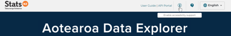 Image of the Aotearoa Data Explorer top bar showing the Accessibility icon, which a user can toggle on or off for screen readers.