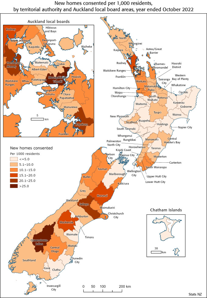Image of a map showing new homes consented per 1,000 residents by TA and Auckland local board areas, year ended October 2022. See text alternative at bottom of image.