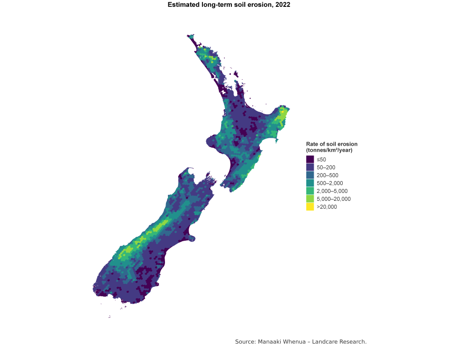 Map of NZ showing estimated long-term soil erosion, 2022