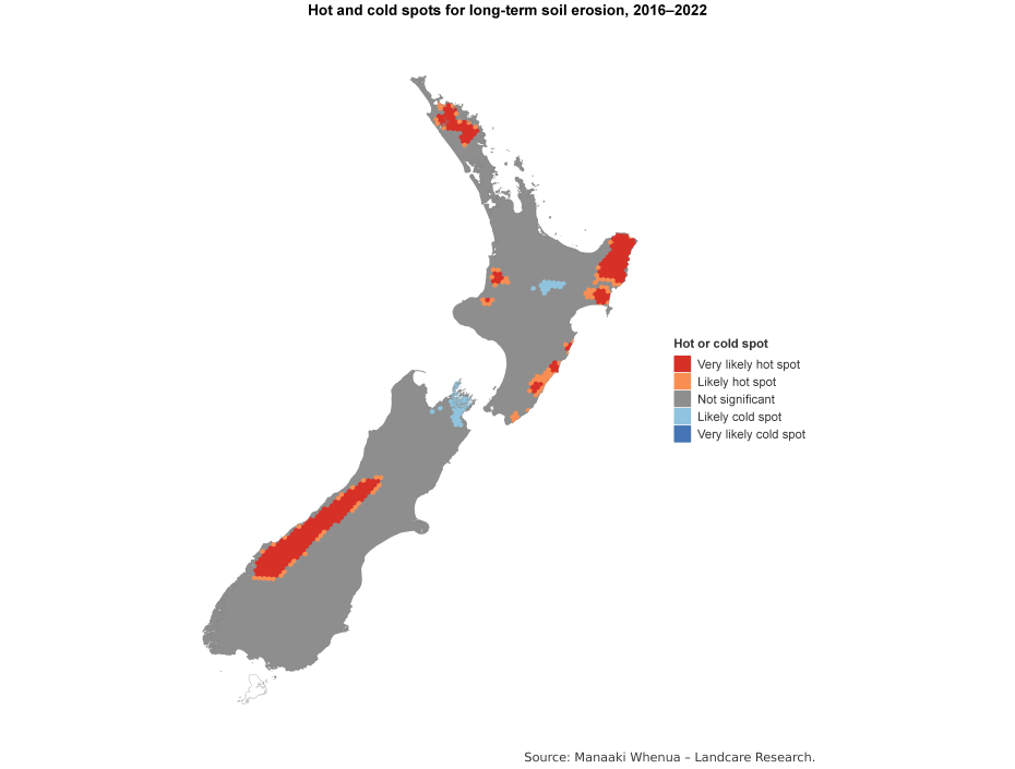 Map of New Zealand showing hot and cold spots for long-term soil erosion, 2016-2022
