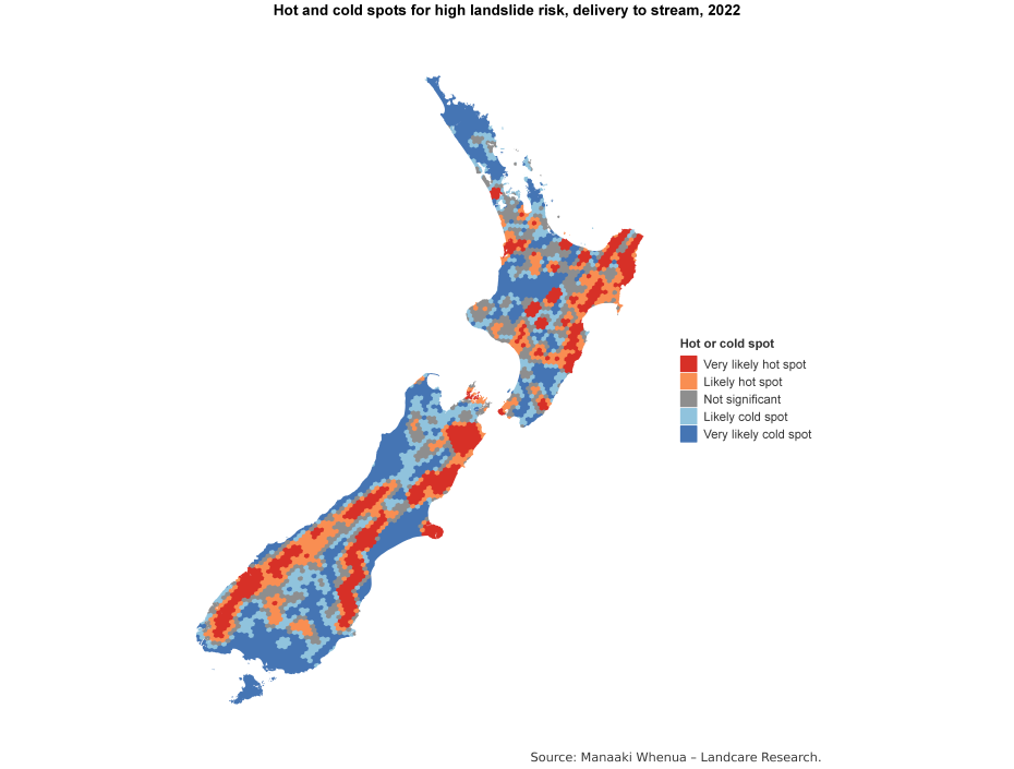 Map of NZ shows hot and cold spots for high landslide risk (delivery to stream), 2022