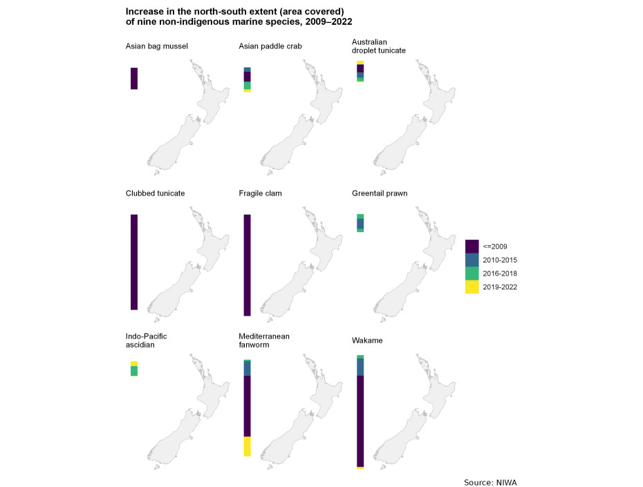 Image contains 9 maps of NZ showing increase in the north-south extent of 9 non-indigenous marine species, 2009-2022