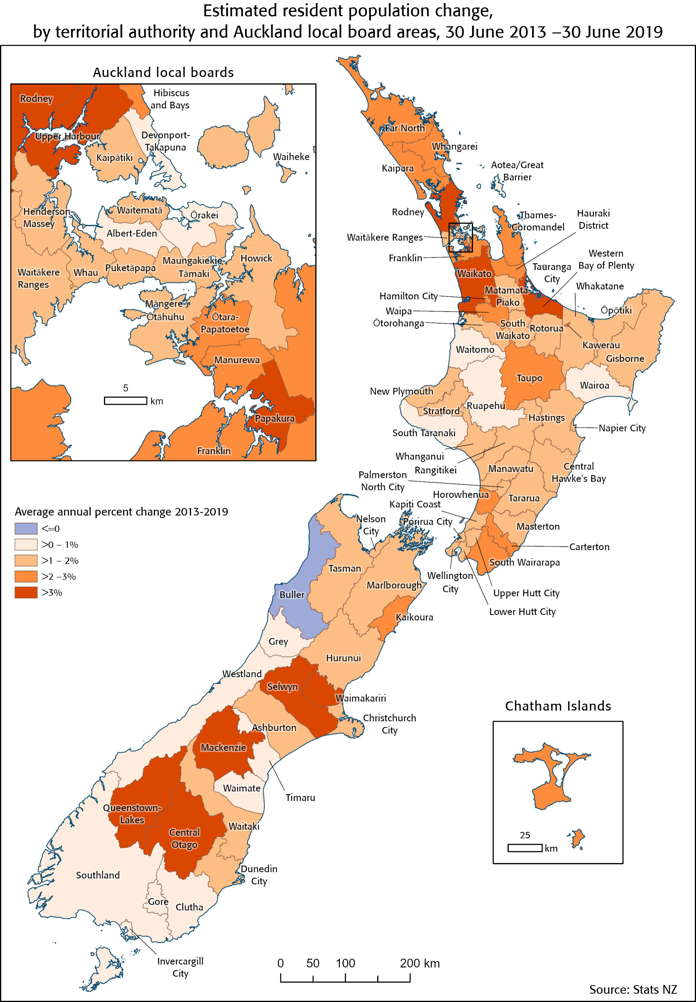 Map showing estimated resident population change, by territorial authority and Auckland local board areas, 30 Jun 2013 - 30 June 2019. Text alternative available below map.