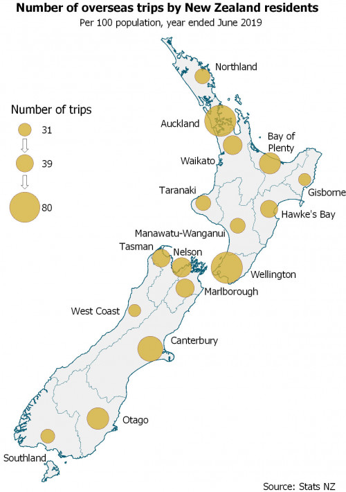 Map of New Zealand showing number of overseas trips by NZ residents, by region. Text alternative available below.