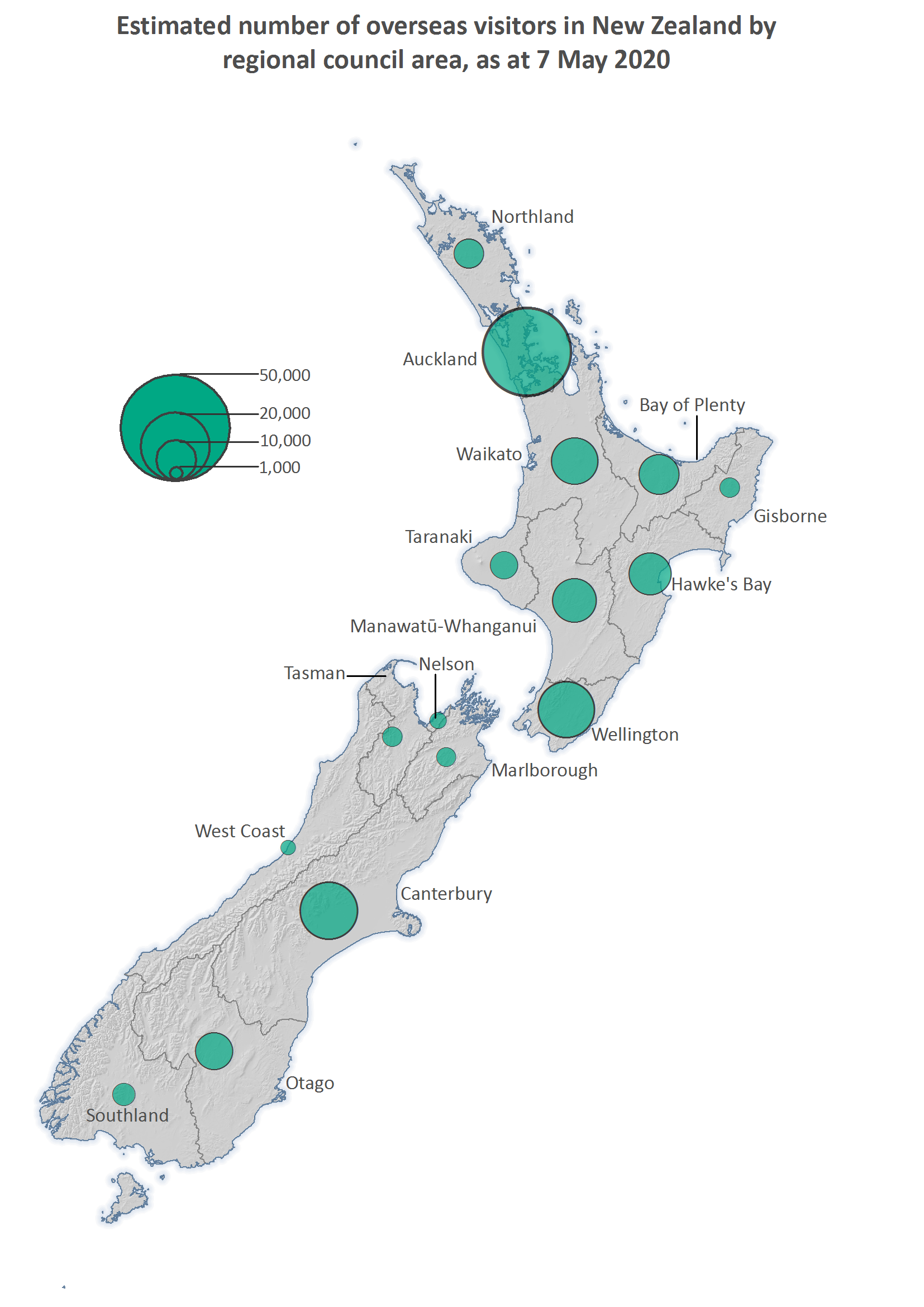 Map showing estimated number of overseas visitors in New Zealand by regional council area, as at 7 May 2020. Text alternative available below map.