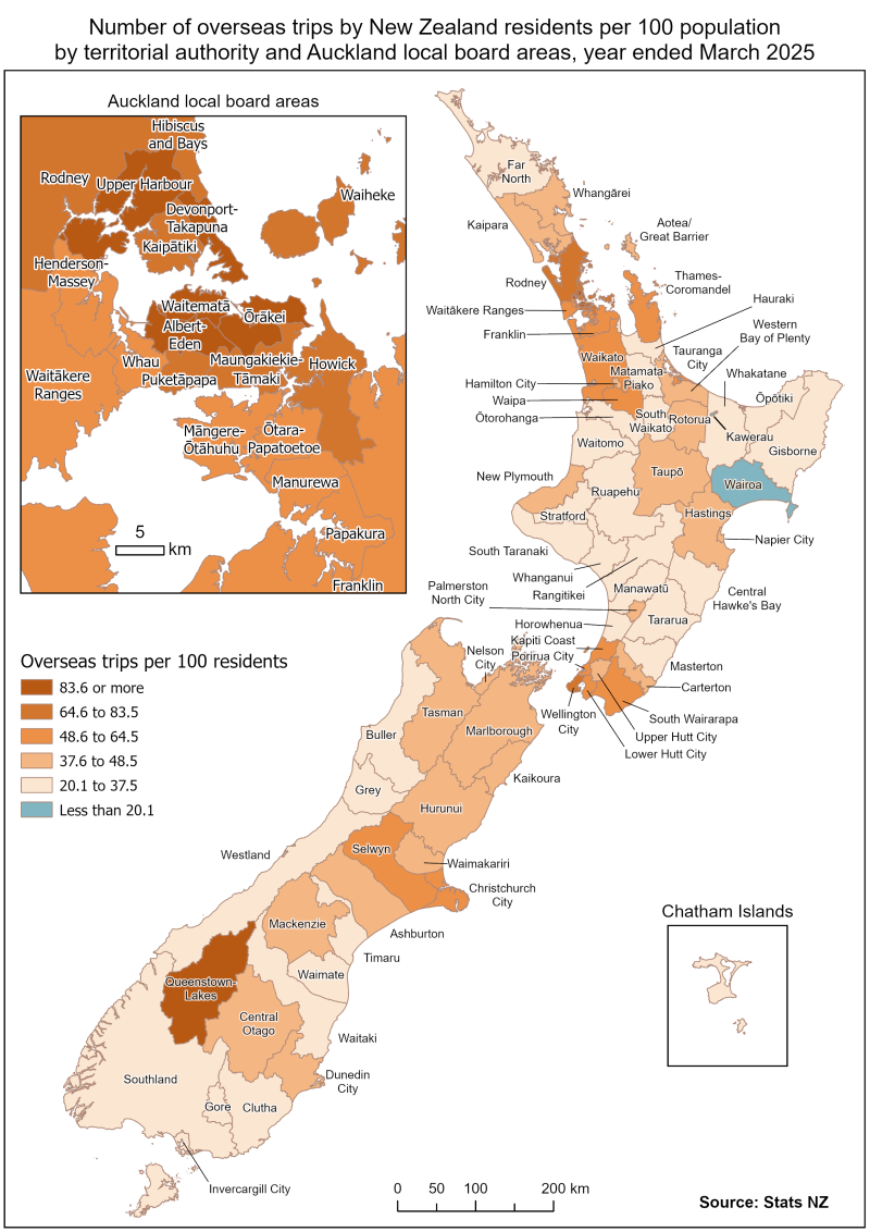 Map shows the number of overseas trips by New Zealand residents per 100 population by territorial authority and Auckland local board areas, year ended March 2025