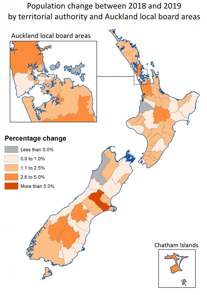 Map showing population change between 2018 and 2019 by territorial authority and Auckland local board areas. Text alternative available below map.