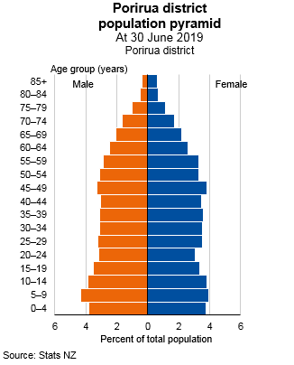 Graph showing Porirua district population pyramid, at 30 June 2019. Text alternative available below graph.