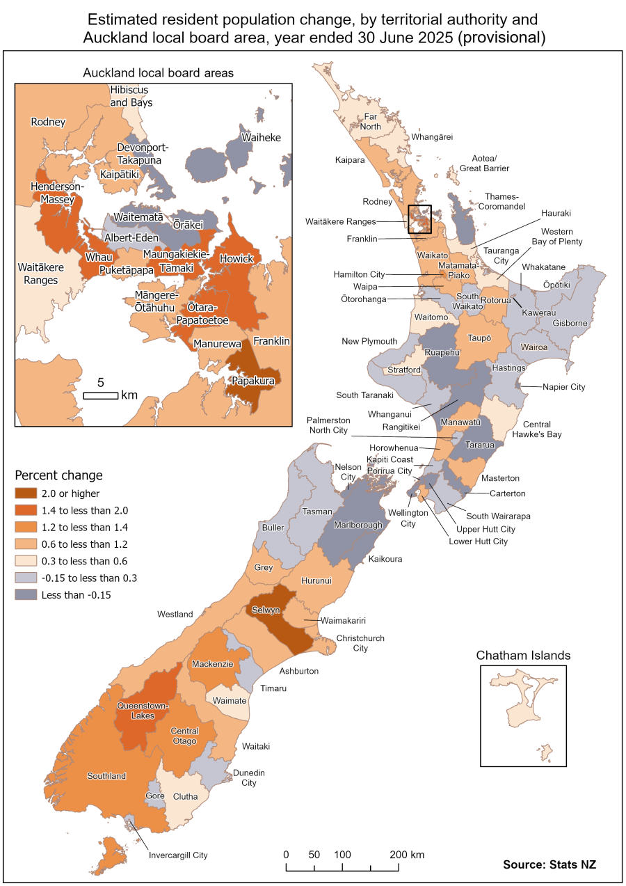Map shows the estimated resident population change, by territorial authority and Auckland local board area, for the year ended 30 June 2025 (provisional)