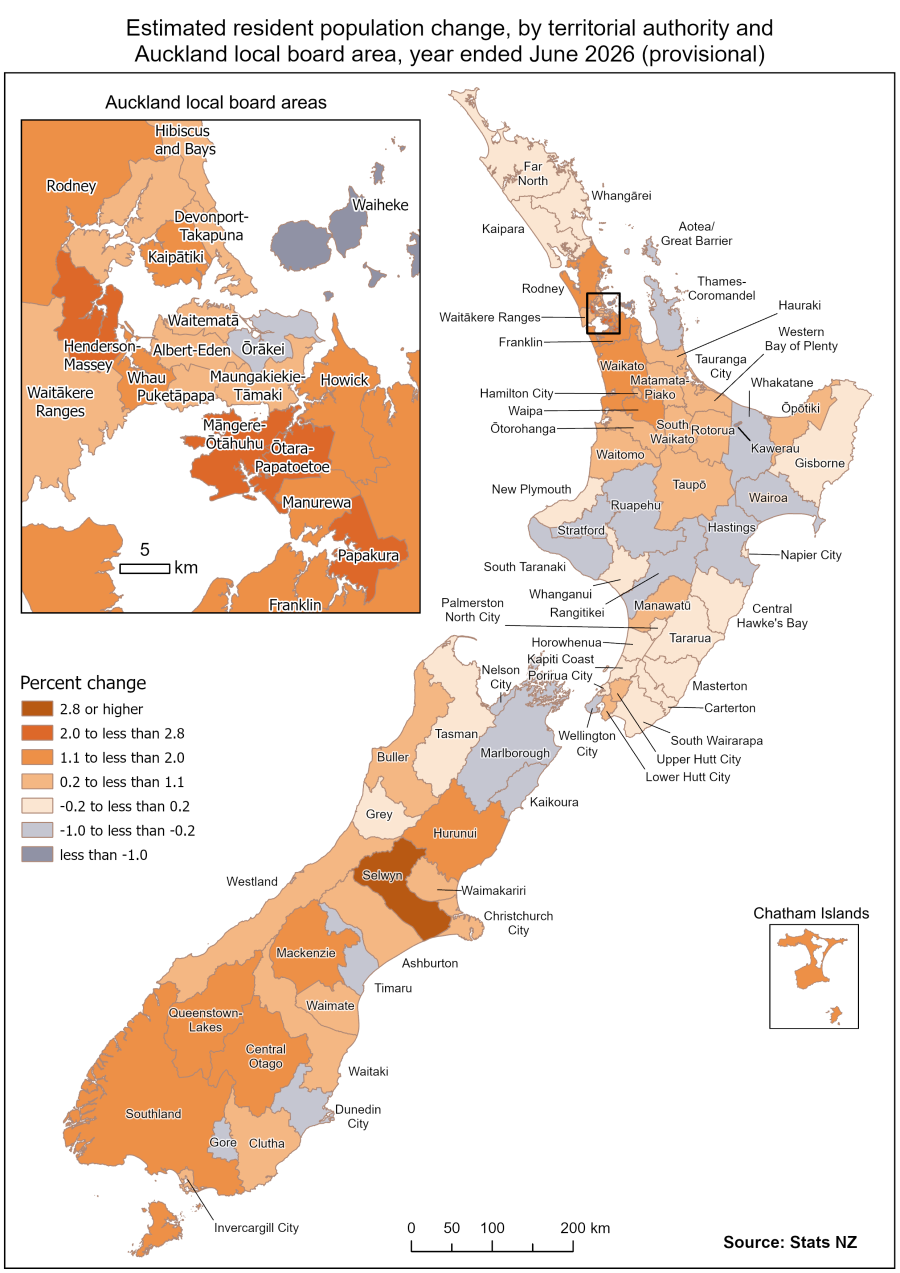 Map shows estimated resident population change, by territorial authority and Auckland local board area, year ended June 2026 (provisional). Link to text alternative is below image.