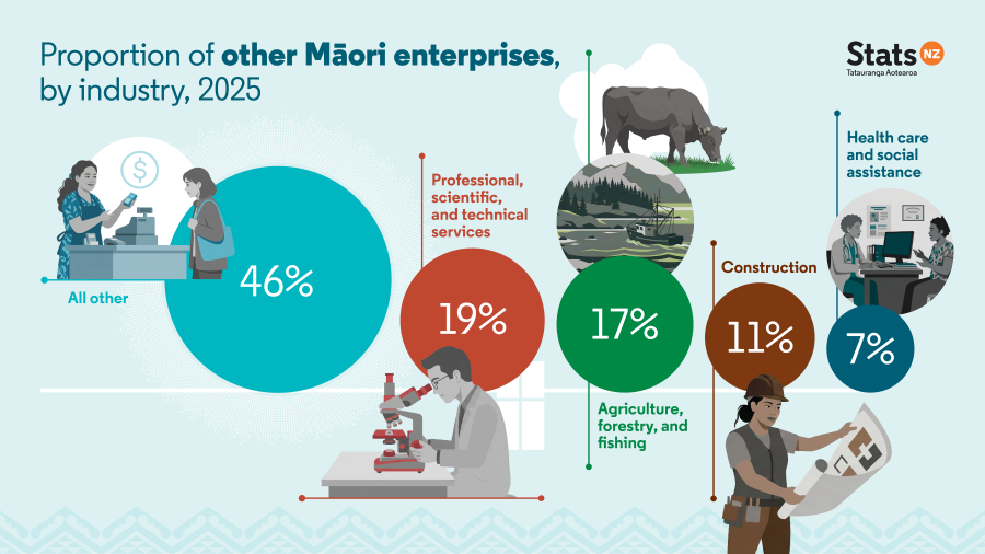 Infographic shows proportion of other Māori enterprises, by industry, 2025. See text alternative under image.